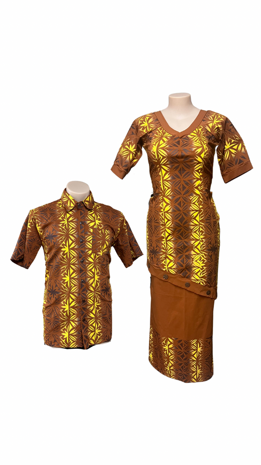 Brown Island Couples Set Puletasi Size 16 & Shirt XL